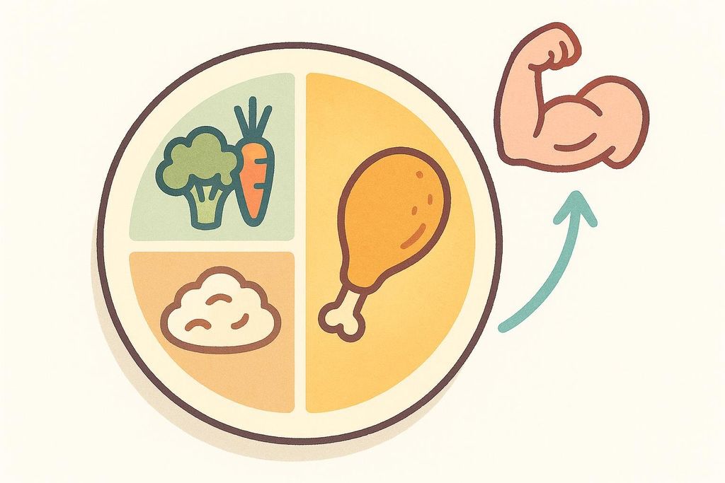 Illustration of a plate with sections for protein, carbohydrates, and vegetables, with an arrow pointing from the plate to a flexed bicep, symbolizing the connection between nutrition and muscle growth, possibly related to TRT.