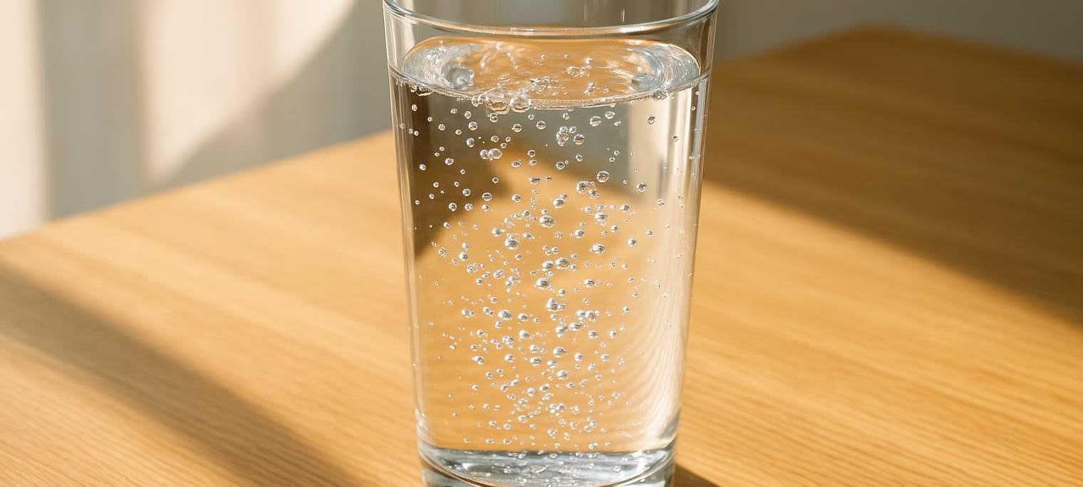 A clear glass filled with sparkling water, featuring numerous small bubbles clinging to the sides and rising to the surface. The glass sits on a light wooden table, partially illuminated by natural sunlight casting soft shadows.