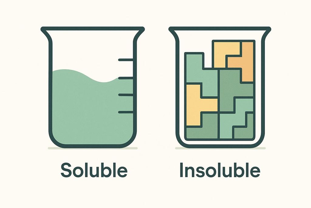 A diagram comparing soluble and insoluble fiber. The 'Soluble' beaker on the left shows wavy green liquid representing dissolved fiber. The 'Insoluble' beaker on the right shows a collection of green and orange block-like shapes representing undissolved fiber.