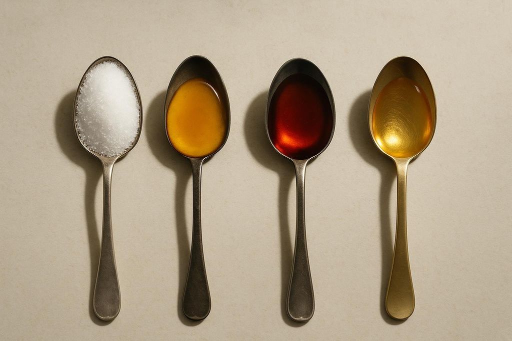 Four spoons are arranged in a row, each containing a different type of sweetener. From left to right: white granulated sugar, golden honey, dark amber maple syrup, and light golden agave nectar. The background is a neutral light beige surface.