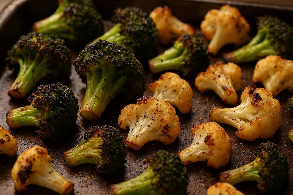 Close-up of roasted broccoli and cauliflower florets with visible browning and seasoning on a dark sheet pan.