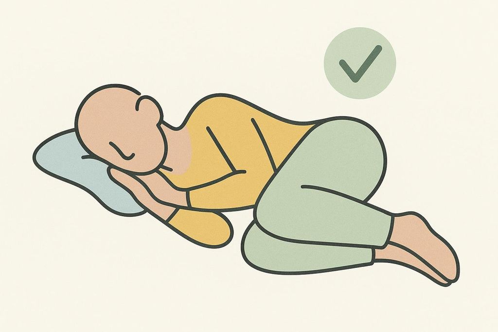 An illustration of a person sleeping on their side with a pillow. A green checkmark in a circle is in the upper right corner indicating that this is a recommended position. This position is known to reduce airway collapse in sleep apnea.