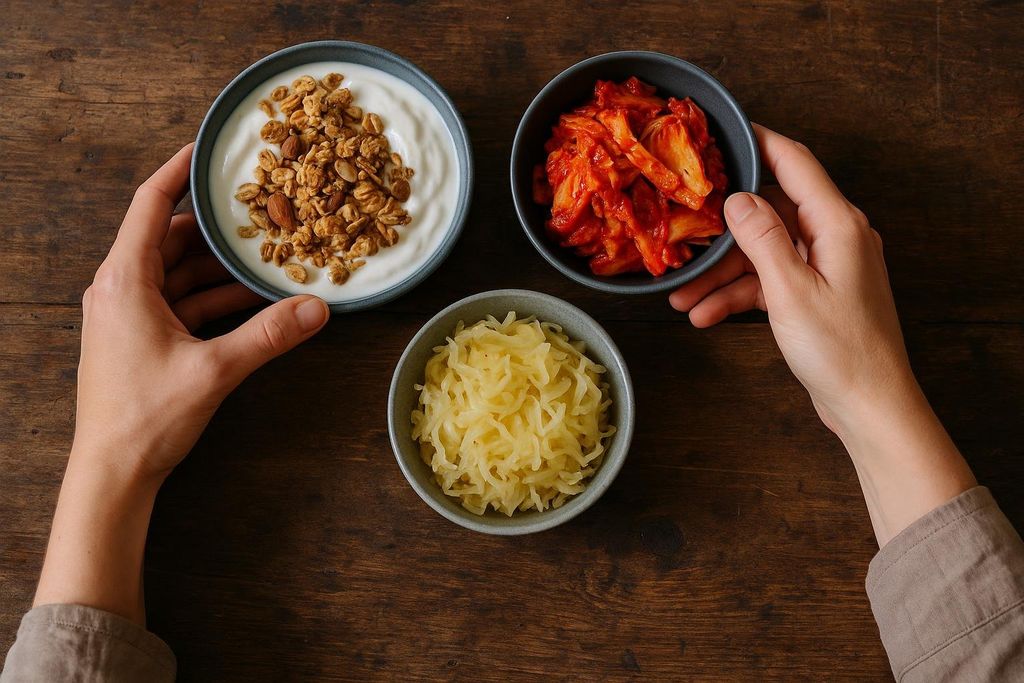 Two hands reaching towards three bowls of probiotic-rich foods on a wooden table: yogurt with granola, kimchi, and sauerkraut.