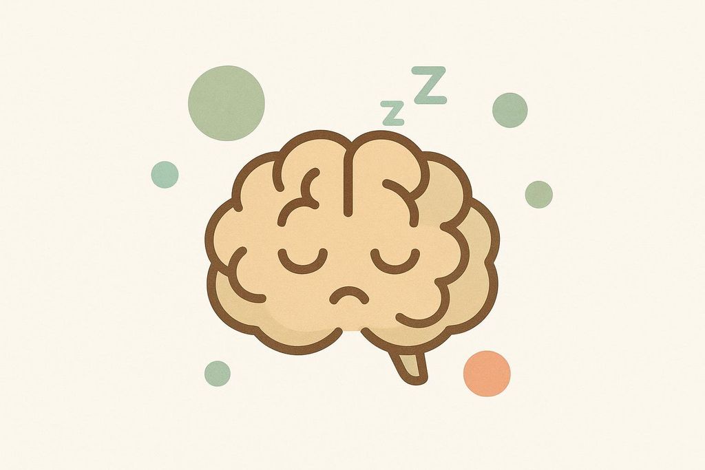 An illustration of a cartoon brain with closed, sad eyes, and 'Z's floating above it, representing sleepiness or brain fog. Light green and orange circles are scattered around the brain on a light beige background.