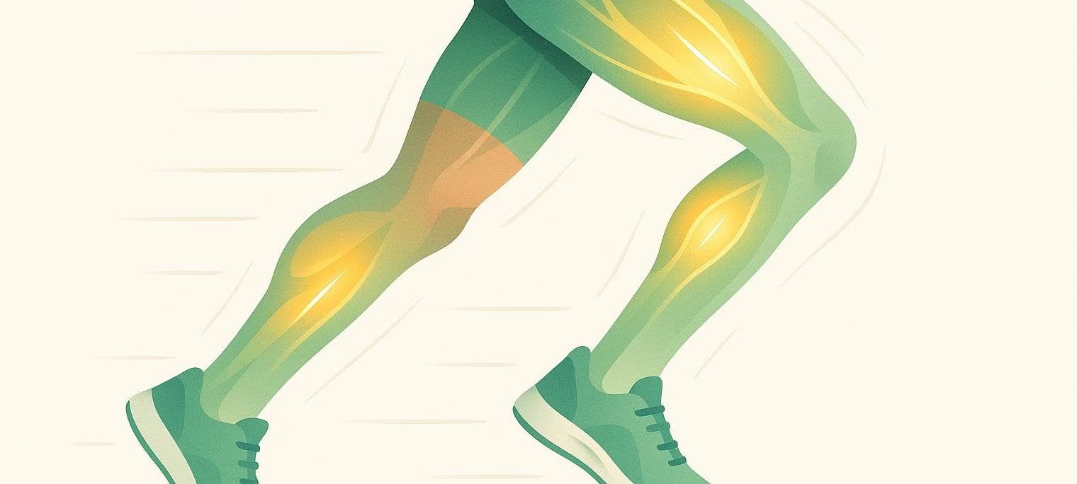 Creative stylized illustration of a muscular leg in motion with glowing speed lines, highlighting active muscles. The legs are depicted in shades of green with yellow accents on the muscles and around the knee, suggesting energy or movement.