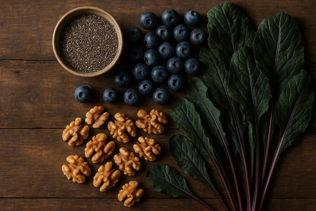 Selection of healthy anti-inflammatory foods including blueberries and chia seeds