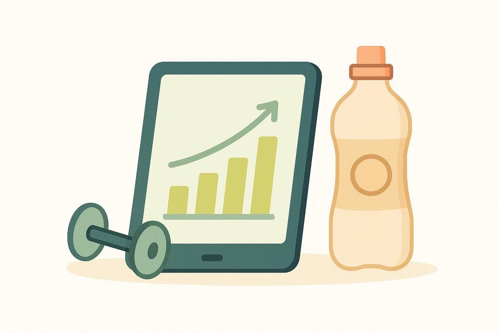 A stylized illustration showing a digital tablet displaying a bar chart with an upward trend, a dumbbell, and a water bottle, suggesting fitness tracking and healthy lifestyle.