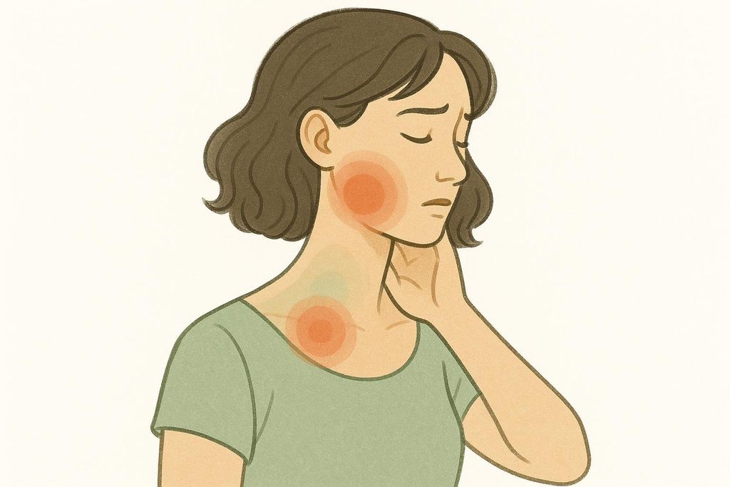 An illustration of a woman looking down with her hand on her neck. Red circles indicate pain in her jaw, neck, and upper back.