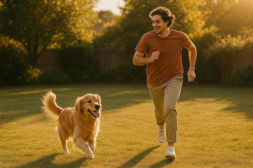 A smiling man in a brown t-shirt and khaki pants runs alongside a happy golden retriever in a grassy park, both looking towards the left with sunlight illuminating them from behind.