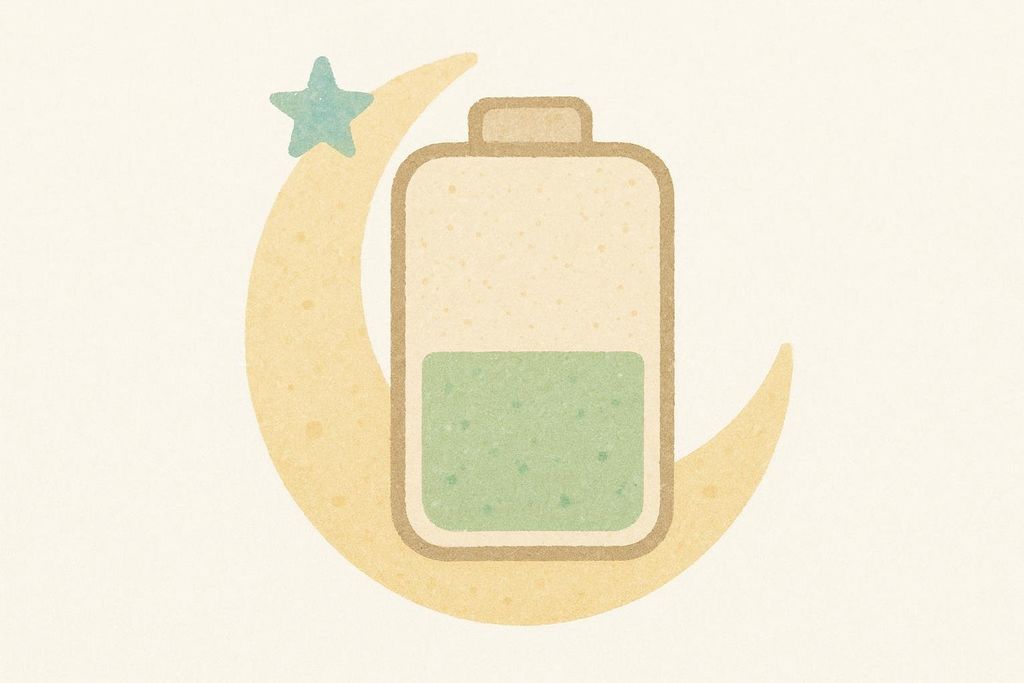 A half-drained battery icon over a crescent moon symbolizing caffeine half-life.