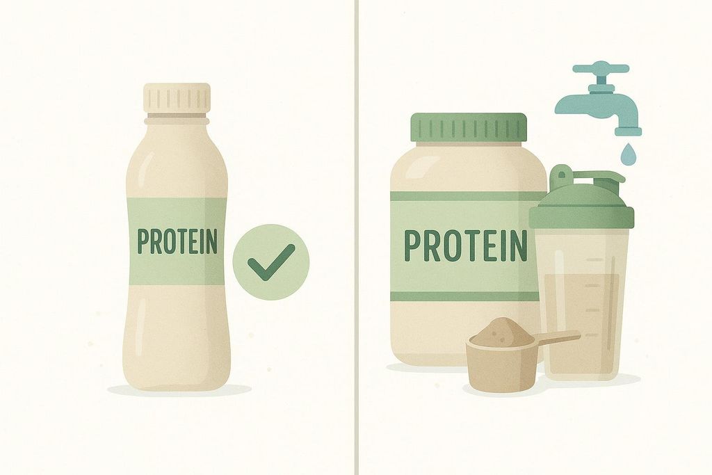 Illustration comparing a ready-to-drink protein shake with a protein powder container, scoop, and shaker bottle with water dripping from a faucet.