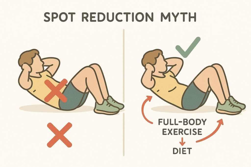 Illustration debunking spot reduction: crunches on the left are marked with a red X, symbolizing how they don't target specific areas, while a person doing full-body exercise and diet on the right is marked with a green checkmark, indicating effectiveness for overall fat loss.