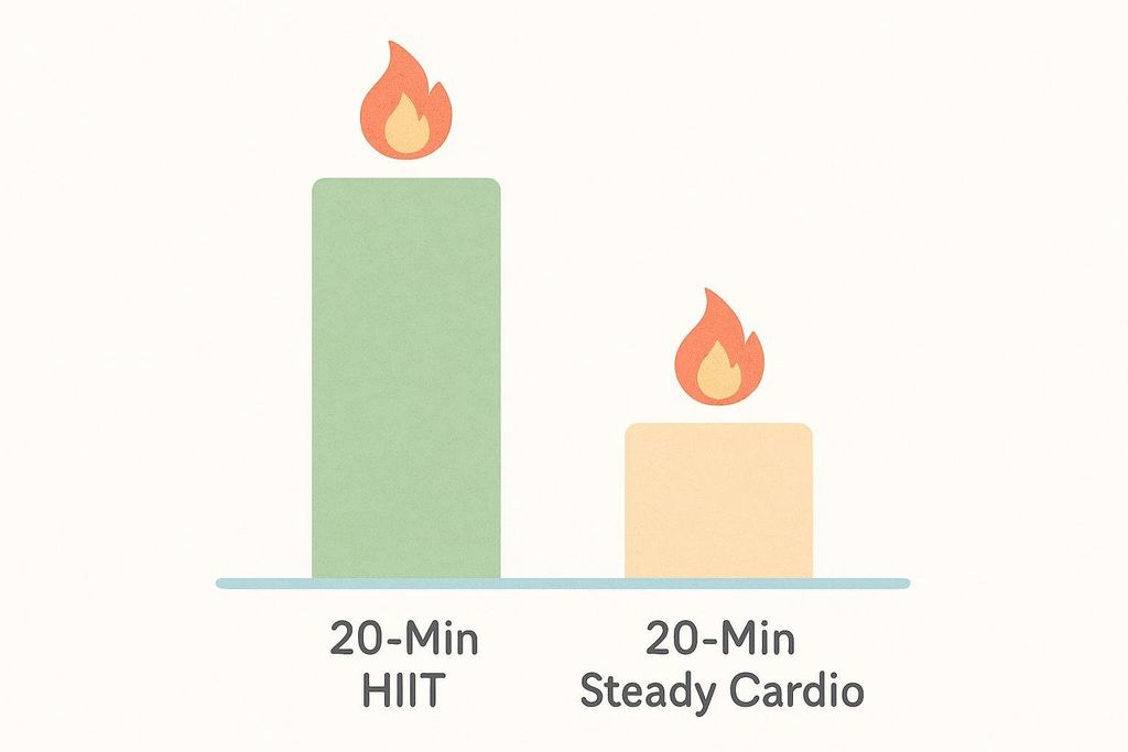 A bar chart comparing calories burned in a 20-minute HIIT workout (green bar, higher) versus a 20-minute steady cardio workout (beige bar, lower). Both bars have a flame icon at the top, suggesting calorie burn.