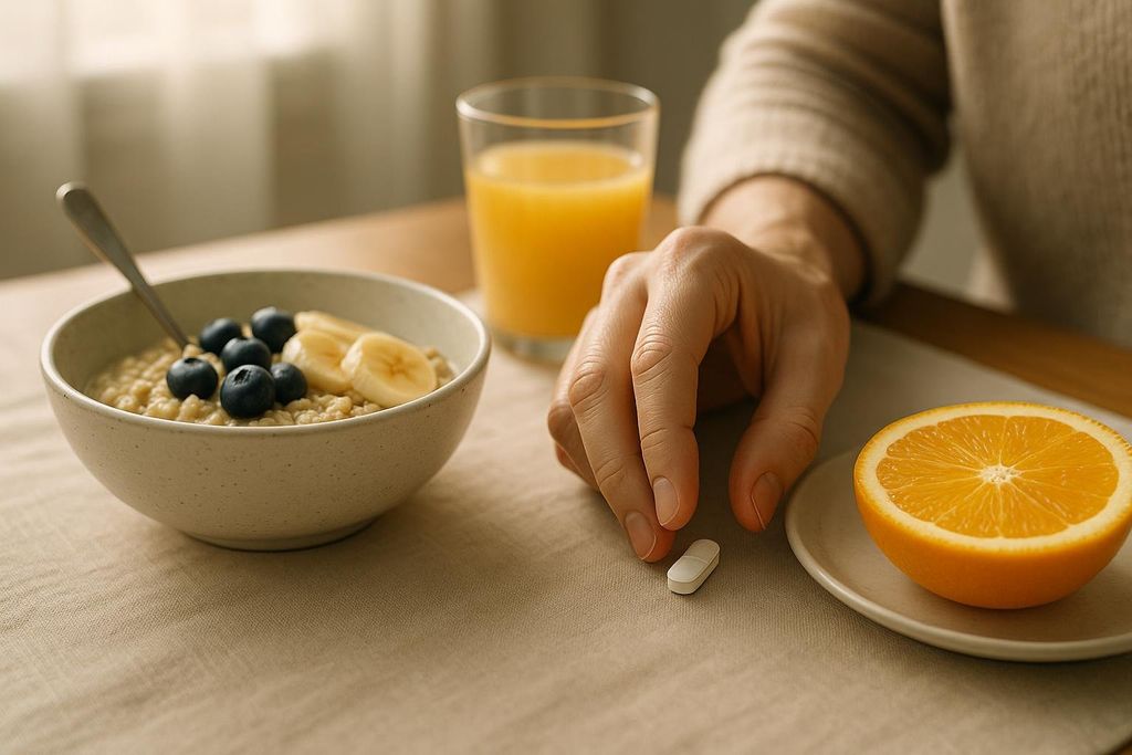 A hand reaching for a white pill next to a bowl of oatmeal with blueberries and banana slices, a glass of orange juice, and a sliced orange.