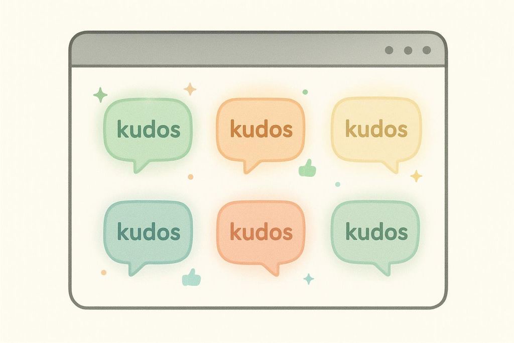 Digital kudos board with colorful positive comment bubbles, representing a peer recognition program.