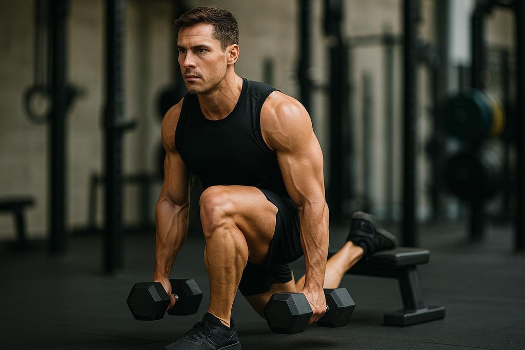 A muscular man in a black tank top and shorts demonstrates a Bulgarian split squat in a gym, holding dumbbells in each hand with his back foot elevated on a bench behind him.