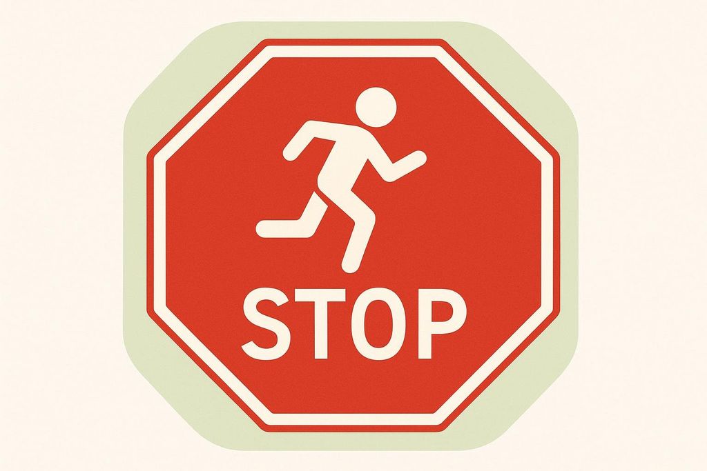 A red stop sign with an icon of a running person above the word 'STOP'. The sign is bordered by a light green outline and is centered on a cream background. It warns against exercising when certain symptoms are present.