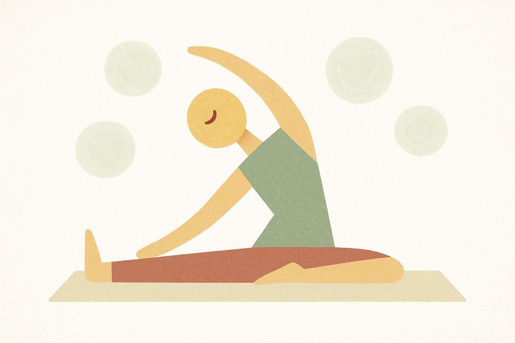Stylized art of a person sitting on a yoga mat, stretching their torso to the side with one arm reaching up and over, and the other reaching towards their outstretched leg. Several light green circles float around them.