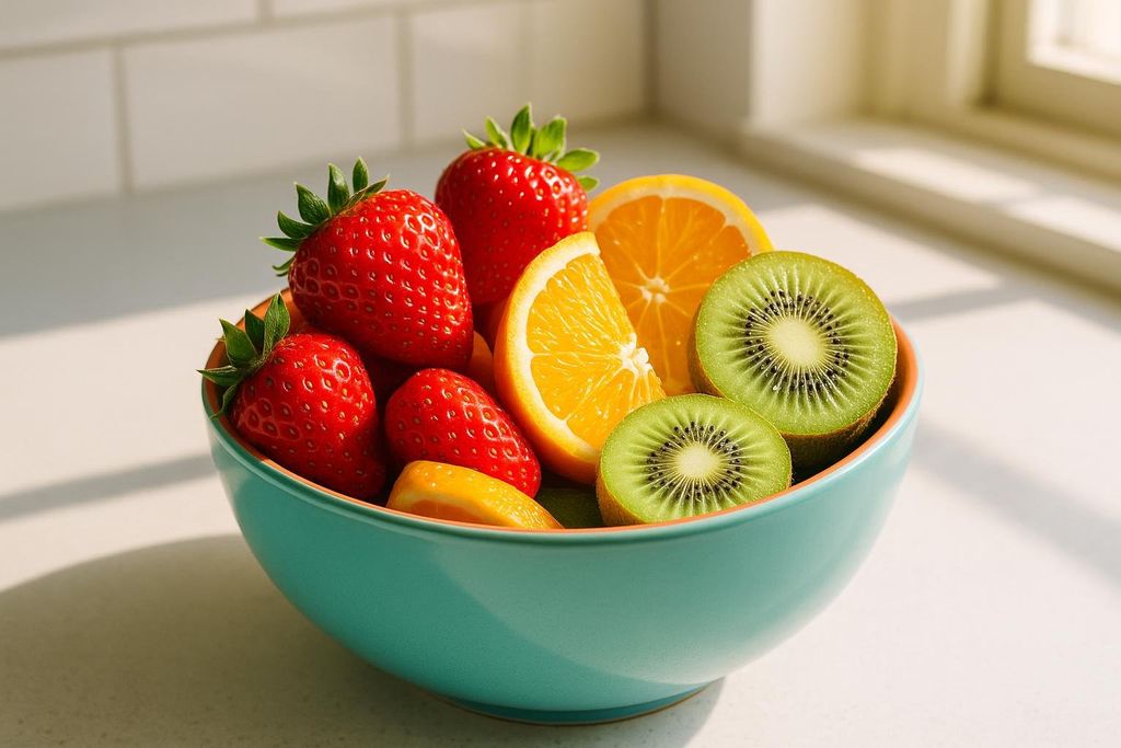 A close-up shot of a teal bowl filled with fresh, vibrant fruit including red strawberries, orange slices, and cut kiwis, sitting on a light-colored counter with a blurred background of a white tiled wall and a window.