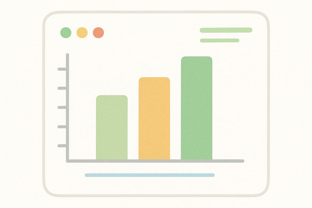 A stylized bar graph displaying three vertical bars in light green and orange against a white background, suggesting data or metrics within a minimalist user interface.