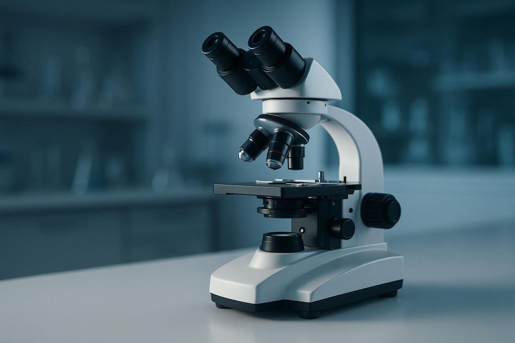 A close-up view of a modern white and black microscope on a white lab counter in a dimly lit laboratory, symbolizing scientific research and breakthroughs.