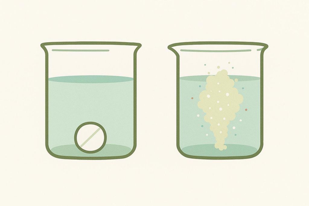 An illustration comparing two beakers. The beaker on the left shows a solid tablet at the bottom of the water, undissolved. The beaker on the right shows crushed powder mixed with water, which is dissolving and creating bubbles, representing the difference in bioavailability between an intact tablet and a powdered substance.