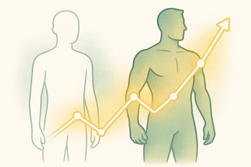 An illustration showing two human silhouettes, one on the left representing an initial state and one on the right representing an improved state, with an upward-trending line graph connecting them, symbolizing fitness progress.