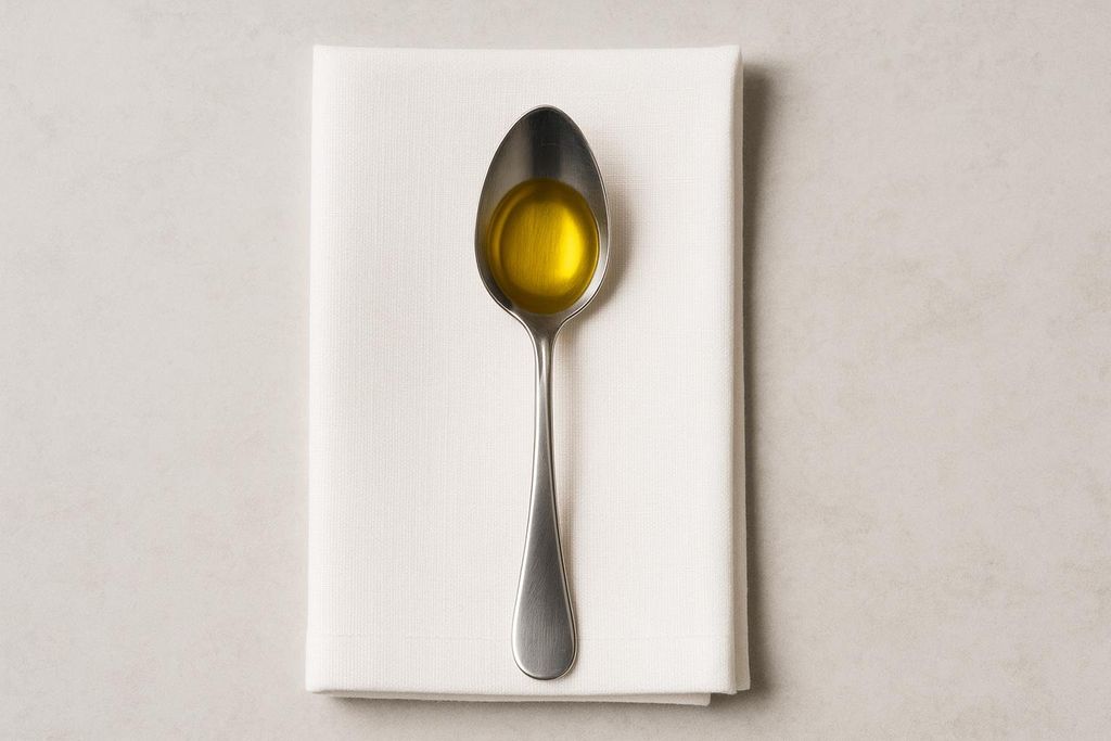 A silver teaspoon filled with yellow liquid, likely oil, rests on a folded white linen napkin. The napkin and spoon are centered on a light gray background, viewed from above. The liquid could be cod liver oil or another similar substance.