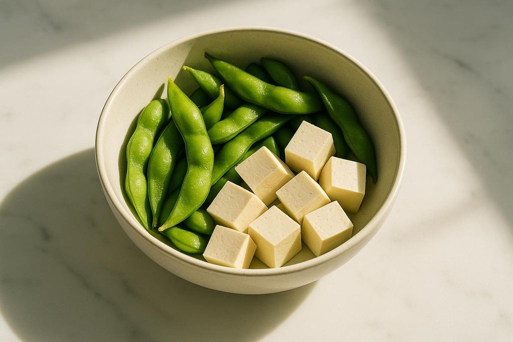 A white bowl containing vibrant green edamame pods and neatly cubed white tofu, resting on a light marble surface with shadows cast by sunlight.