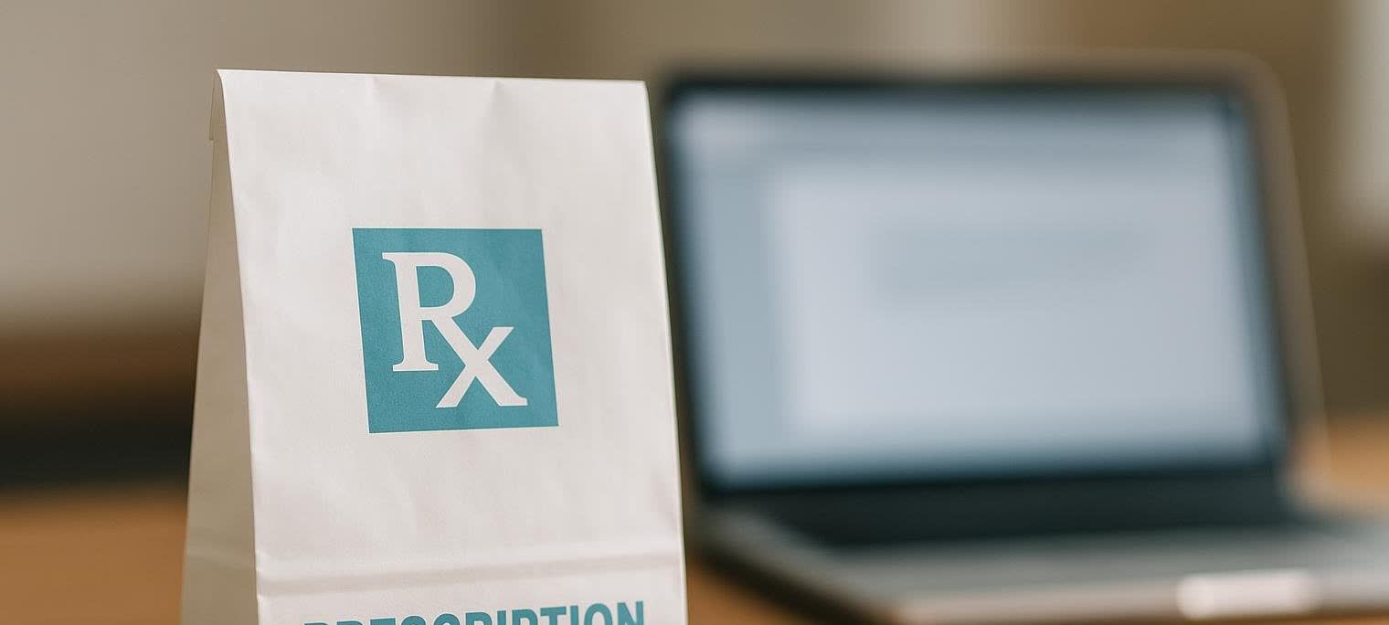 A white prescription bag with a blue 'Rx' symbol stands in the foreground, with a blurred laptop visible in the background, suggesting a medical or pharmaceutical context.