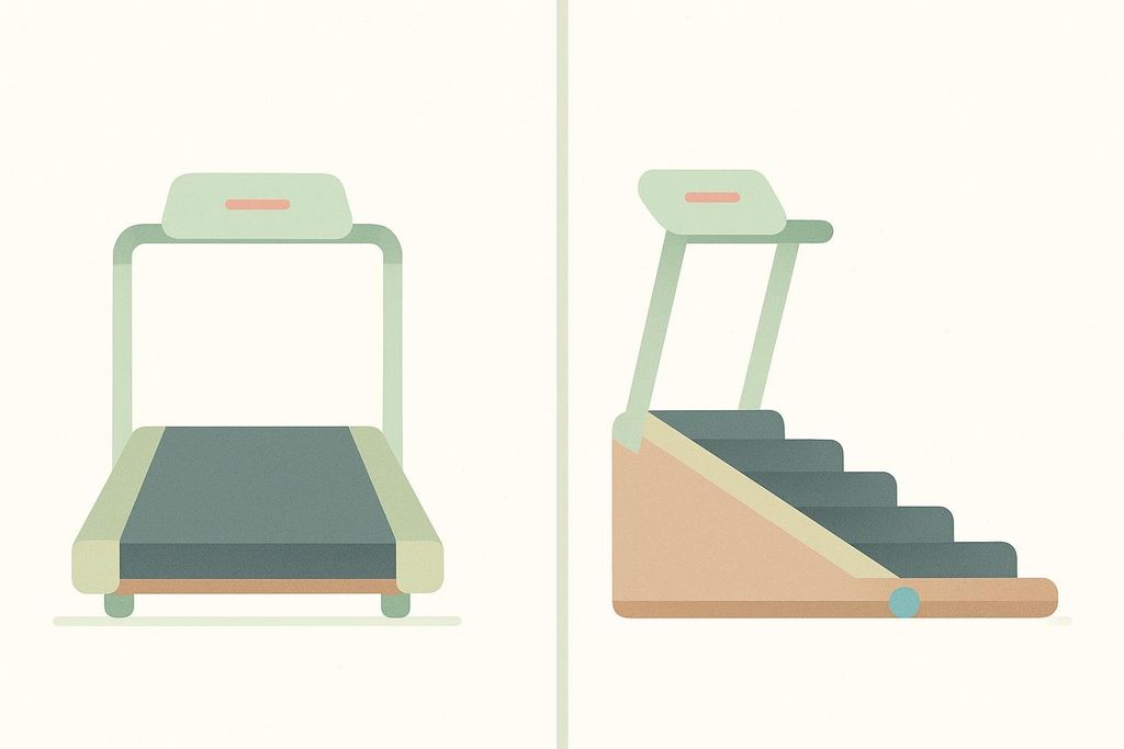 A graphic depicting two pieces of exercise equipment: on the left, a flat treadmill, and on the right, a stair climber machine with ascending steps.