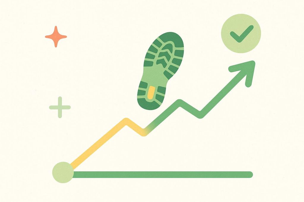 Stylized line graph with a shoe print icon, showing health benefits increasing with step count.