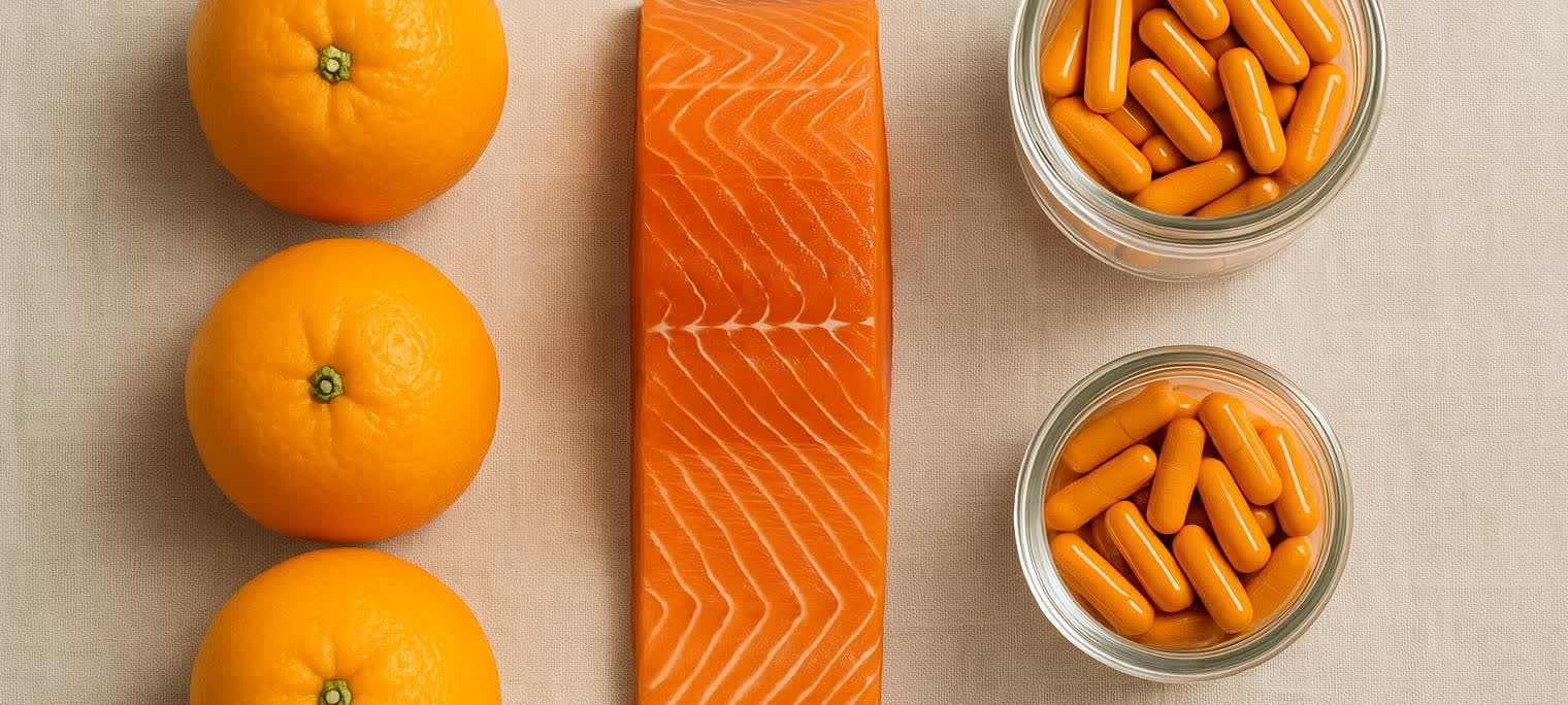 A flat lay, split-screen photo comparing whole foods with nutritional supplements. On the left are three oranges, in the center is a fillet of raw salmon, and on the right are two small glass bowls filled with orange vitamin capsules.