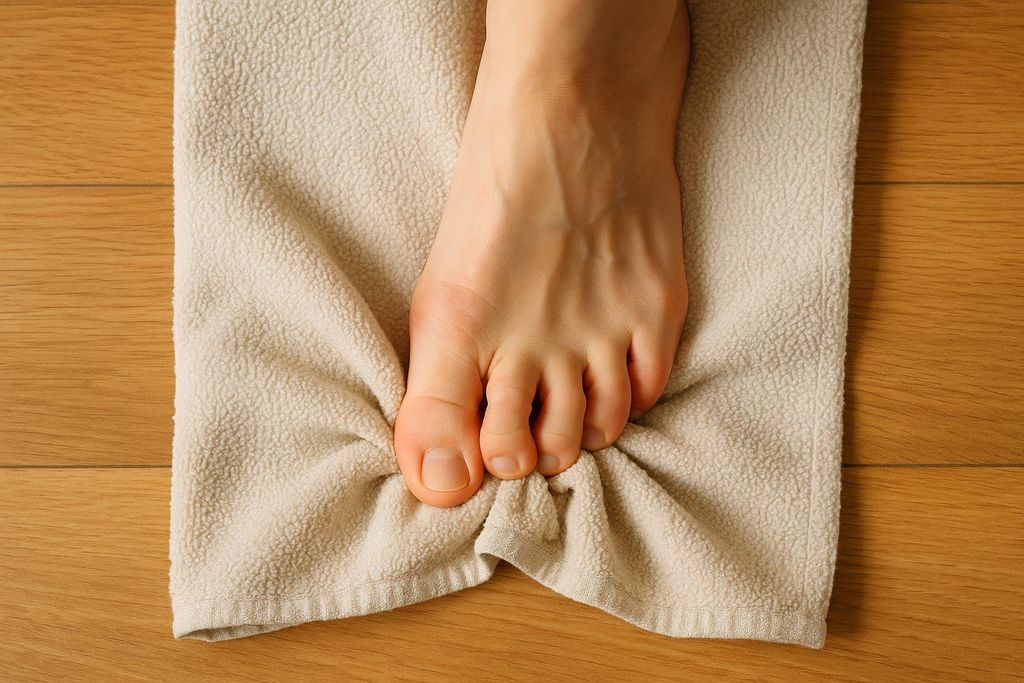 A close-up overhead view of a foot on a beige towel, with the toes curled to scrunch the towel forward, illustrating a towel scrunch exercise.