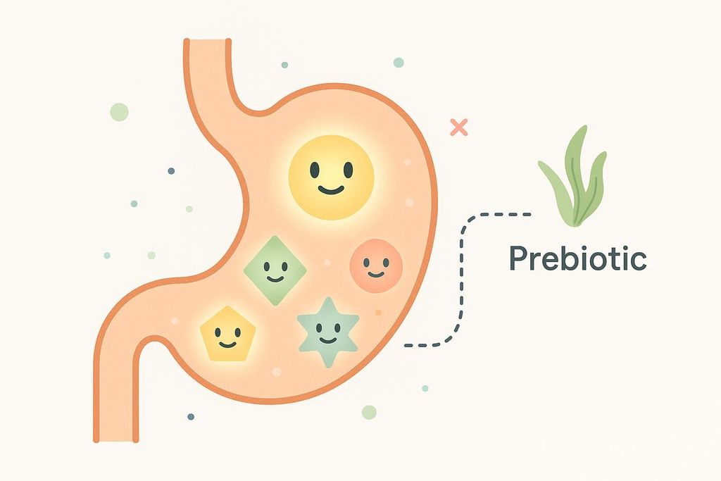 An illustration showing a stylized stomach filled with several smiling, brightly colored, geometric shapes representing healthy gut microbes. A dashed line extends from the stomach to the word 'Prebiotic' next to a small green plant, indicating that prebiotics support these microbes.