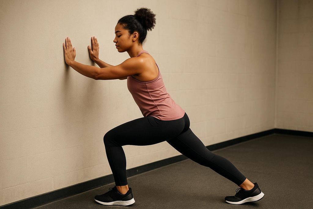 A woman in fitness attire stretching her calf by pushing against a wall with her hands. Her right leg is bent forward and her left leg is extended behind her.