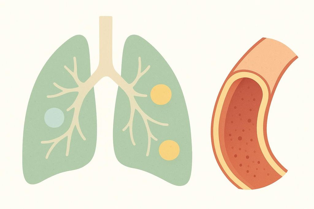 Stylized illustration of lungs with nodules and calcification, and a blood vessel with deposits, representing CT's diagnostic abilities.