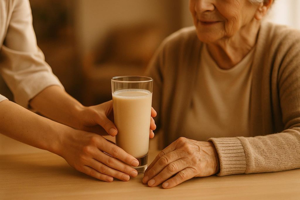 A close-up photo shows a caregiver's hands placing a nutritional shake on a table for an older adult, whose hands rest on the table and face is visible at the top right, smiling slightly. This symbolizes supportive care.