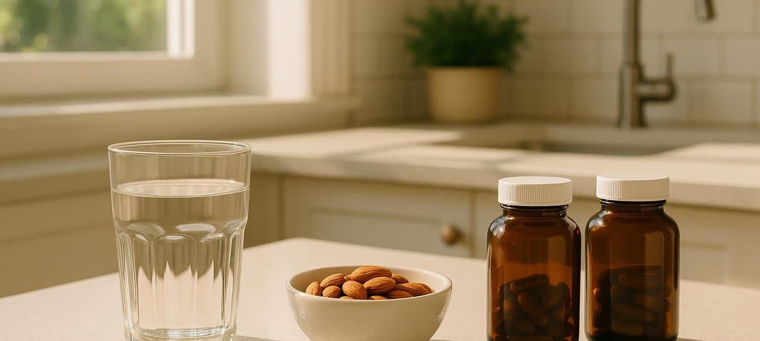 A close-up shot of a glass of water, a small white bowl of almonds, and two brown vitamin bottles with white caps on a countertop. A kitchen window, sink, and plant are blurred in the background.