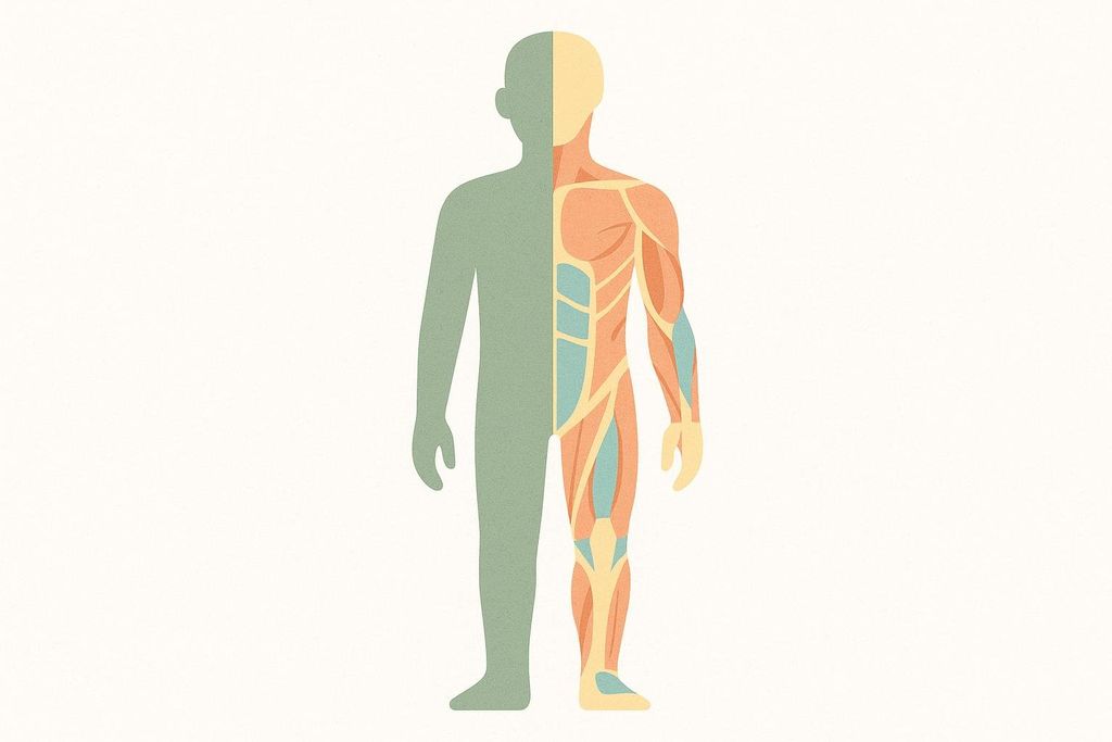 An abstract illustration of a human body, split vertically. The left half shows a simple, solid green silhouette of a person. The right half shows exposed anatomical details like muscles and connective tissue in orange, yellow, and blue colors, depicting body composition.