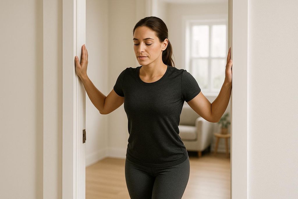 A woman with her hands placed on either side of a doorway, leaning forward to stretch her chest, demonstrating proper form for a static chest stretch.