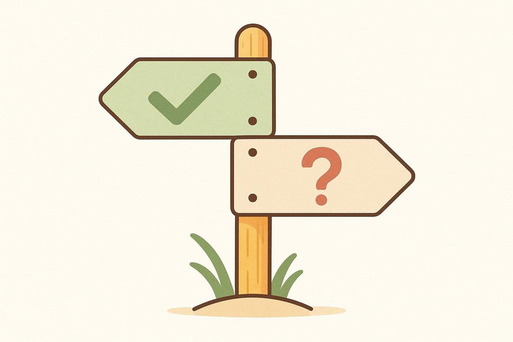An illustration of a wooden signpost with two arrows. The top arrow, pointing left and colored green, has a large checkmark symbol. The bottom arrow, pointing right and colored cream, has a large red question mark symbol. This represents mixed or uncertain choices/outcomes.