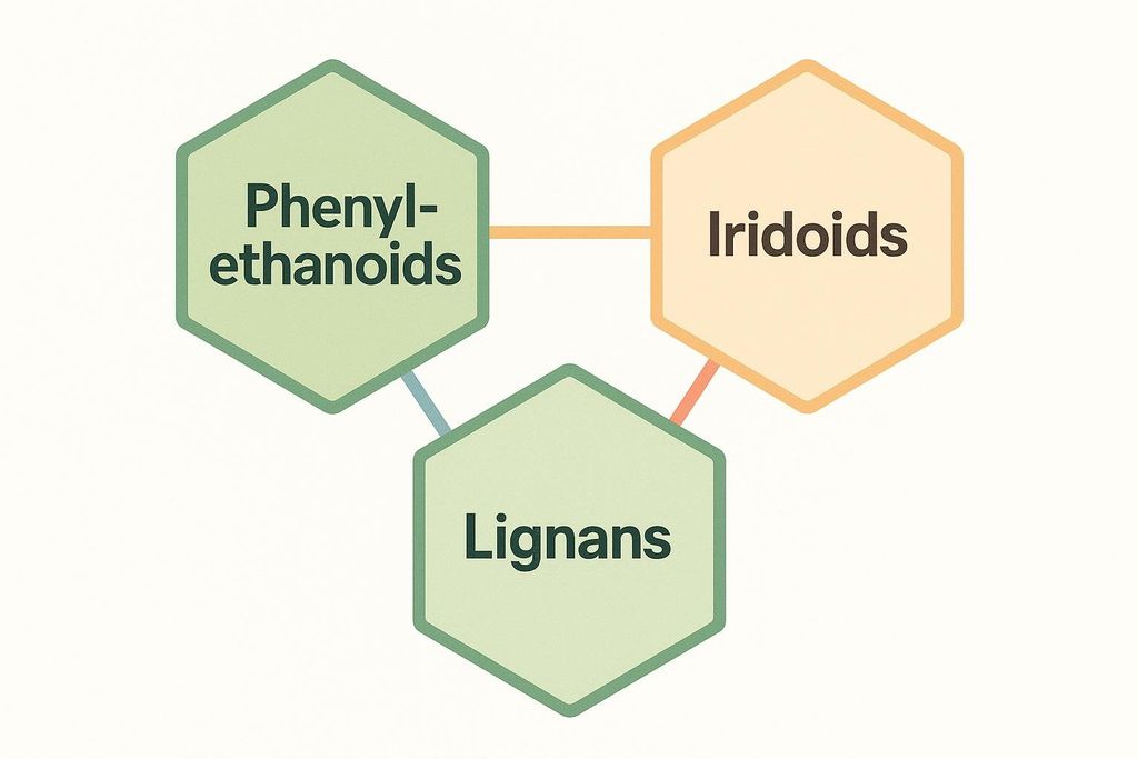 A diagram showing three active molecular compounds found in Cistanche. Three hexagonal shapes are connected by lines, representing Phenyl-ethanoids (green), Iridoids (orange), and Lignans (light green).