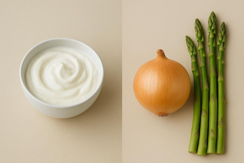 A split image showing a white bowl of yogurt on the left and a brown onion next to five asparagus spears on the right, all on a light beige background. This represents probiotic and prebiotic foods.