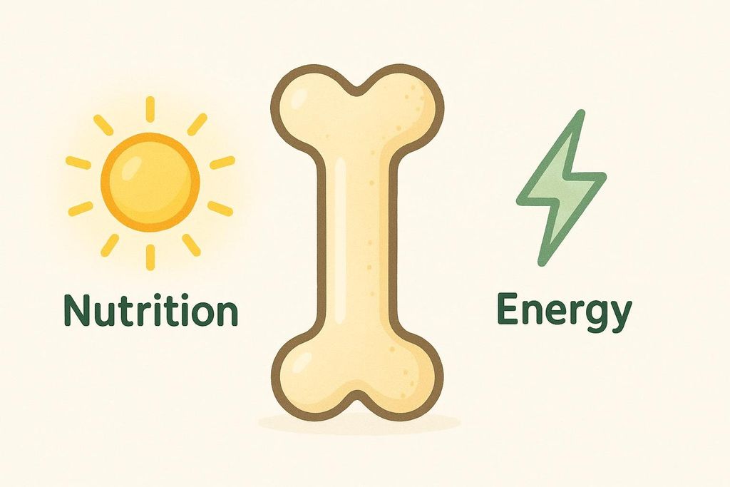 An illustration depicting a stylized bone in the center. To the left is a yellow sun icon labeled "Nutrition". To the right is a green lightning bolt icon labeled "Energy". The image suggests how nutrition and energy contribute to bone health.