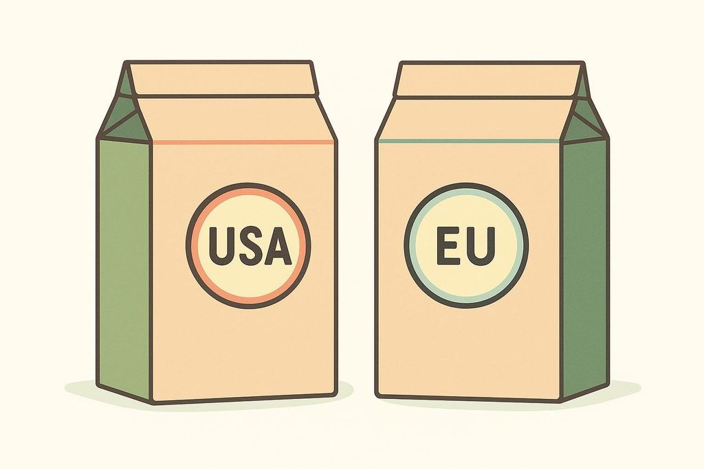 An illustration showing two identical food packages. The left package has 'USA' in a circle on its side, and the right package has 'EU' in a circle on its side. This represents a comparison between US and EU nutritional standards.