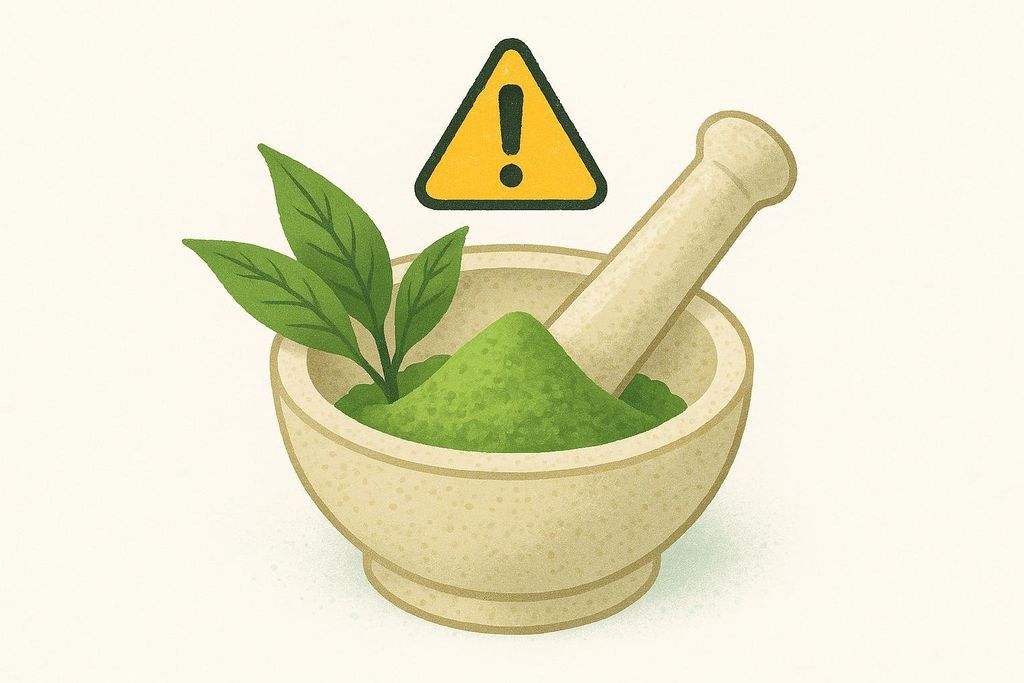 An illustration of a mortar and pestle containing green tea leaves and ground green tea powder, with a yellow warning sign floating above, suggesting potential risks.