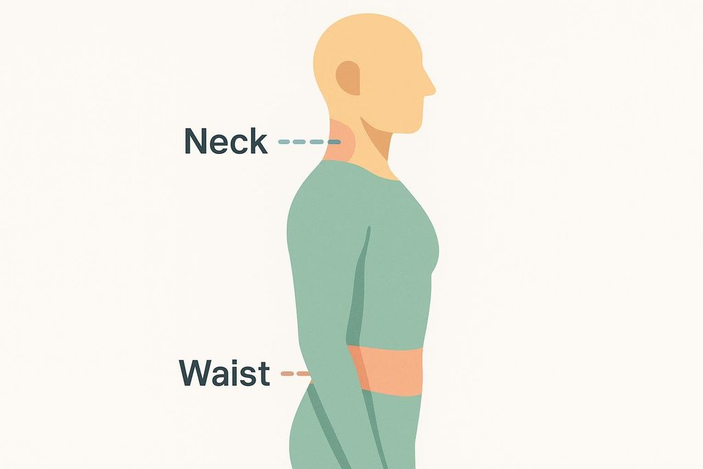 An illustration showing the profile of a person with dotted lines and text labeling the 'Neck' and 'Waist' areas, highlighting where these body measurements are taken.