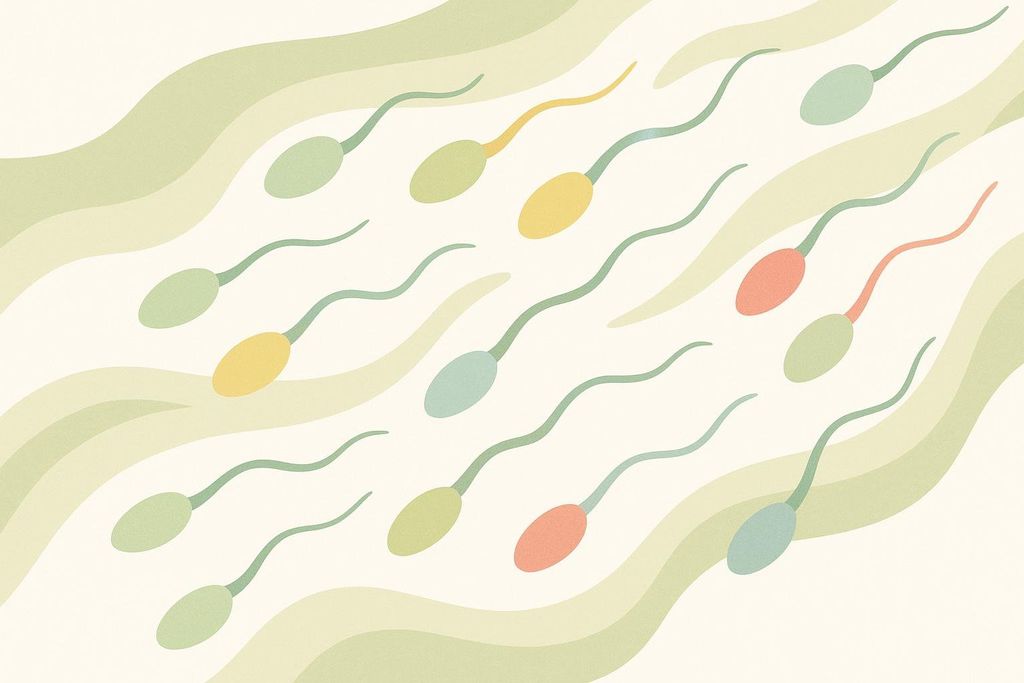 Abstract illustration depicting many colorful sperm-like cells swimming across a light background with wavy green lines representing movement.