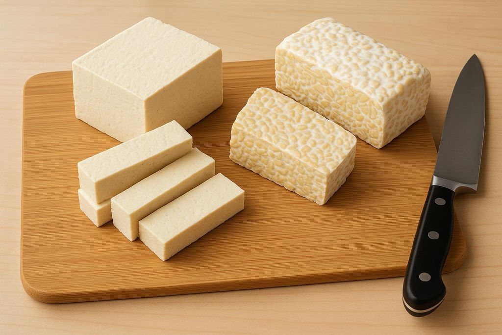 Blocks of whole and sliced fresh tofu next to two blocks of tempeh on a bamboo cutting board with a kitchen knife.